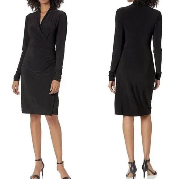 Normakamali Black Faux Wrap Ruched Midi Dress Sz Large Stretch Classic Timeless - Picture 1 of 15